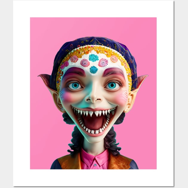 Big Eyed Alien Shark Tooth Girl Wall Art by FrogAndToadsWorkshop